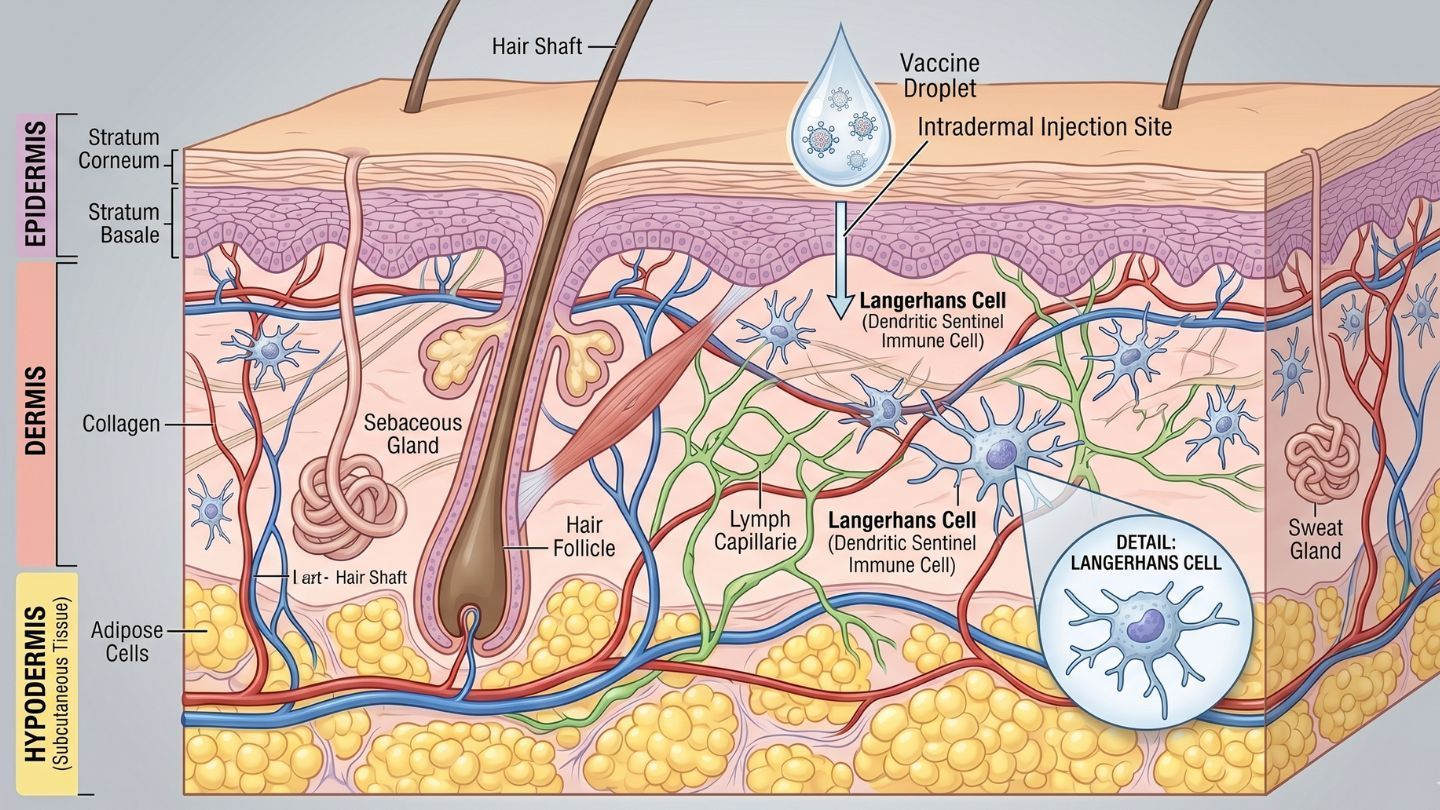 Labeled skin cross-section showing epidermis, dermis, fat, hair follicle, sweat glands, nerves, and a syringe injection.