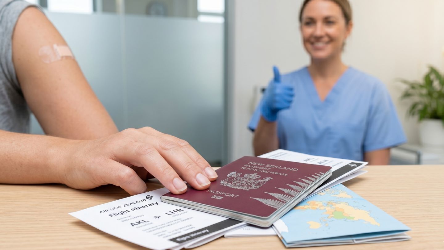 Hand with passport and travel papers at a clinic counter, with a smiling nurse in blue scrubs in the background
