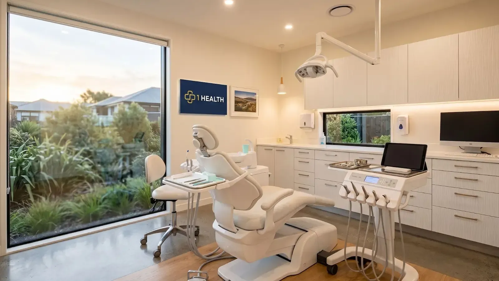 Modern dental clinic with reclined chair, instruments, cabinets, and large window view