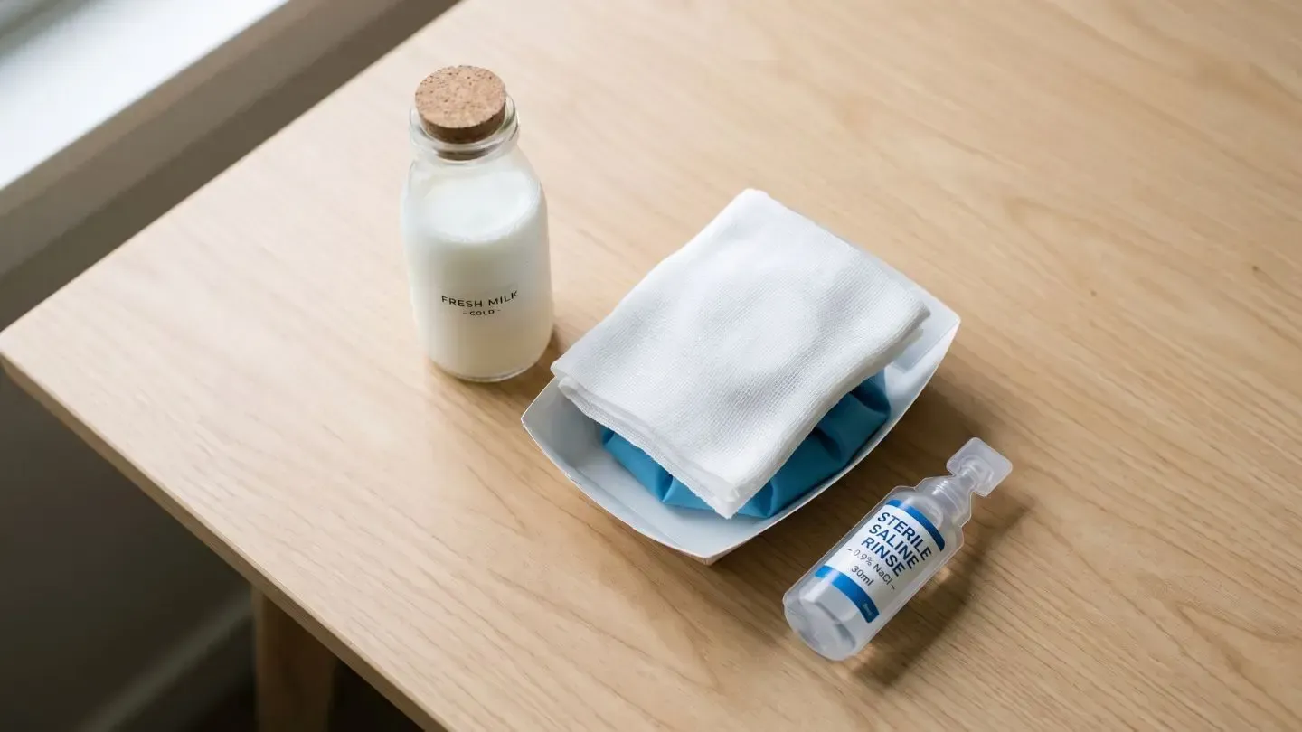 White bottle, folded towel, and small tube on a wooden table.