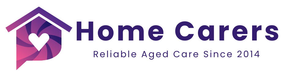 Logo for Home Carers, featuring a purple and pink house shape with a heart and the text 