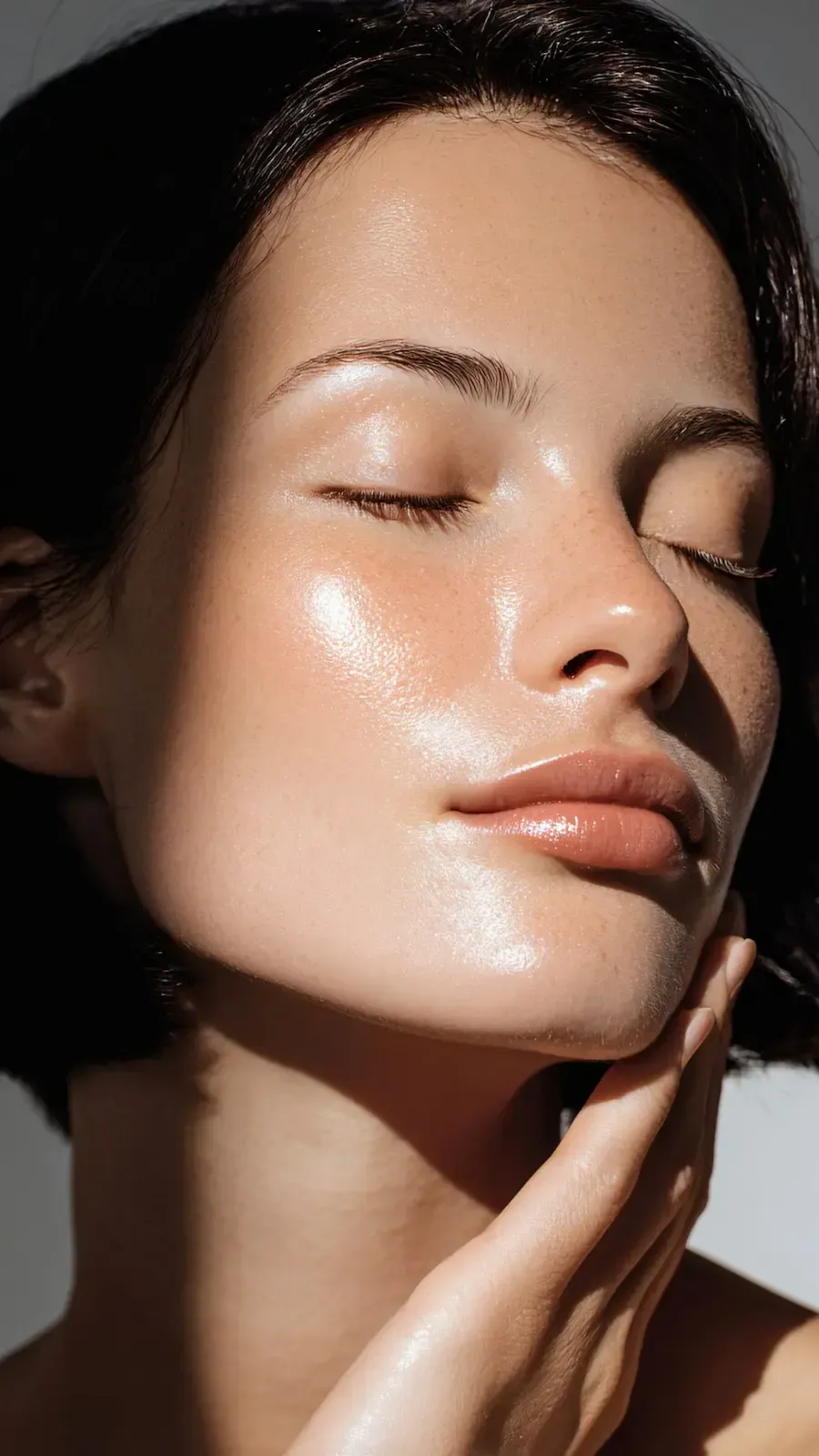 Woman with glowing skin, eyes closed, hand touching neck, lit by sunlight.