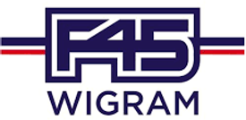 A logo for a company called f45 wigram on a white background.