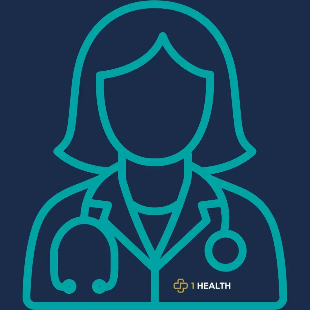 Teal outline of a doctor with stethoscope and “iHealth” logo on a dark blue background