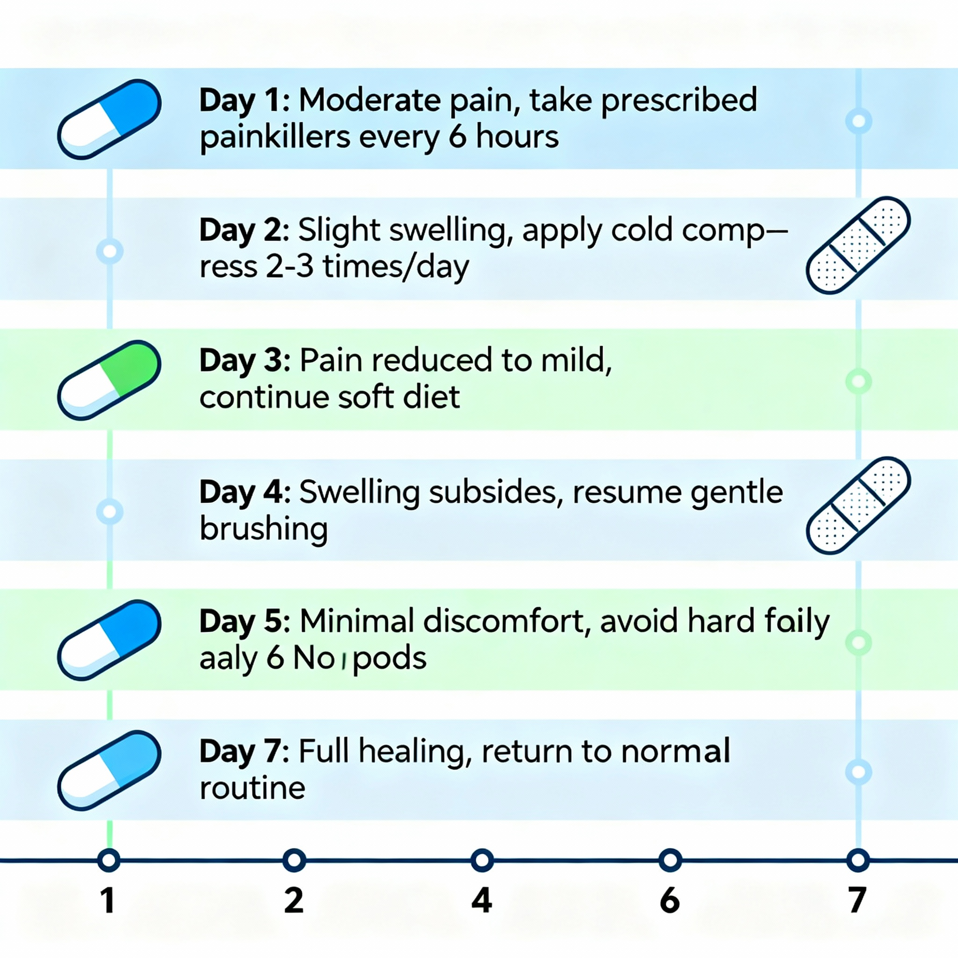 Timeline showing recovery stages after a medical procedure, with instructions for each day.