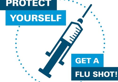 Blue graphic: Syringe with text
