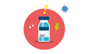 An illustration of a bottle of vaccine with a drop of liquid coming out of it.