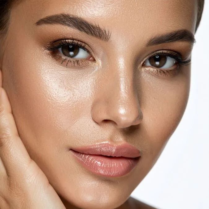 Close-up of a person with glowing skin and full lips, looking at the camera.