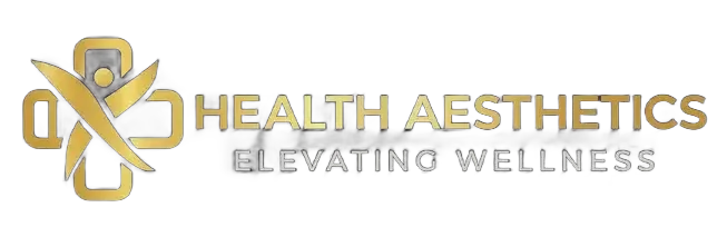 Golden logo of Health Aesthetics, with a cross-like shape and a person inside, the words