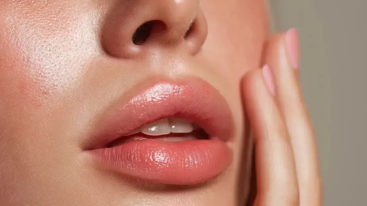 Close-up of a person's face; full, glossy lips and a hand gently touching the cheek.
