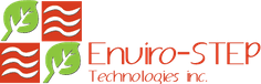 Logo composé de quatre carrés colorés : deux feuilles vertes, deux lignes ondulées rouges, « Enviro-STEP Technologies inc. »