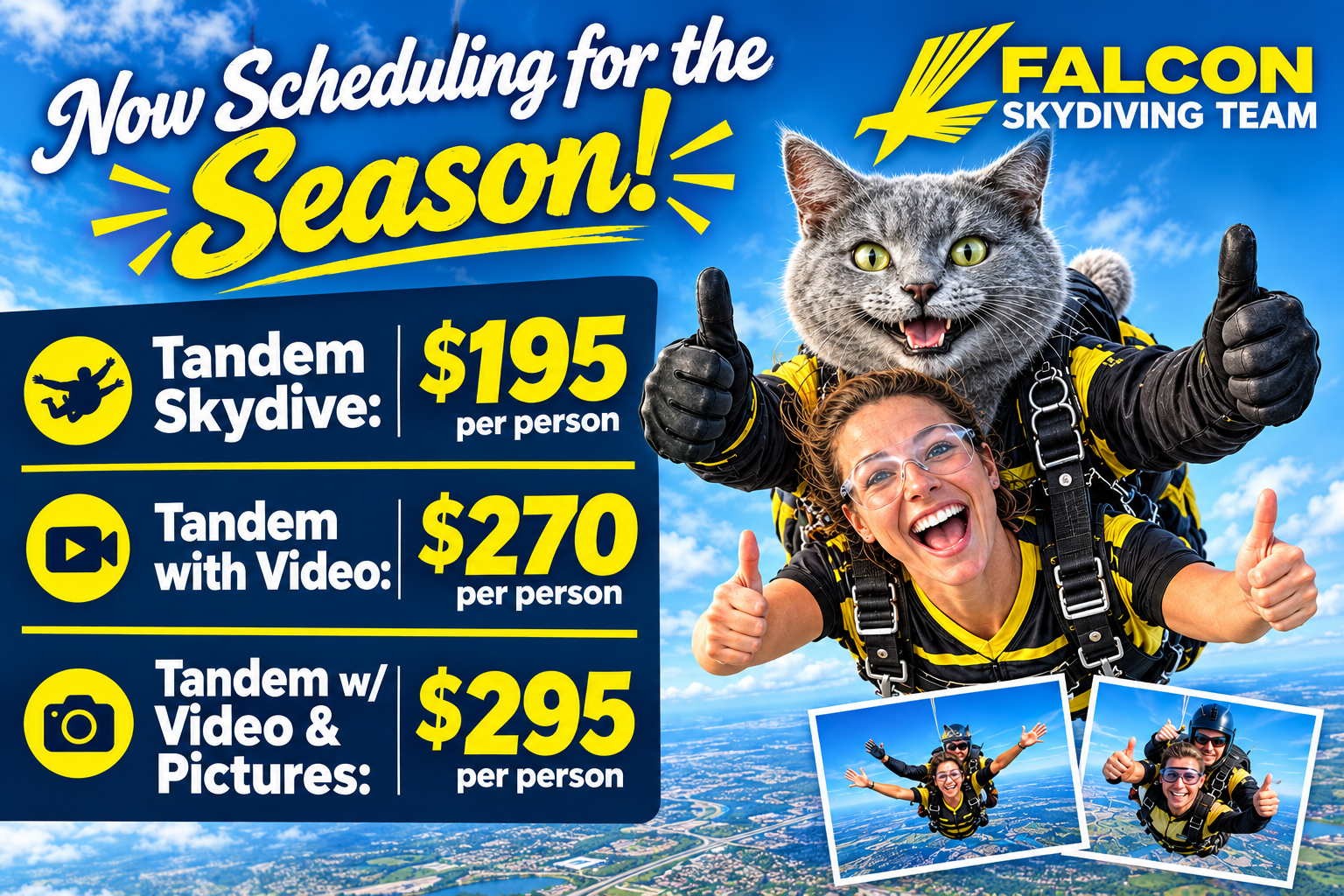 Falcon Skydiving Team ad with cat on smiling skydiver, tandem skydive prices, blue sky background
