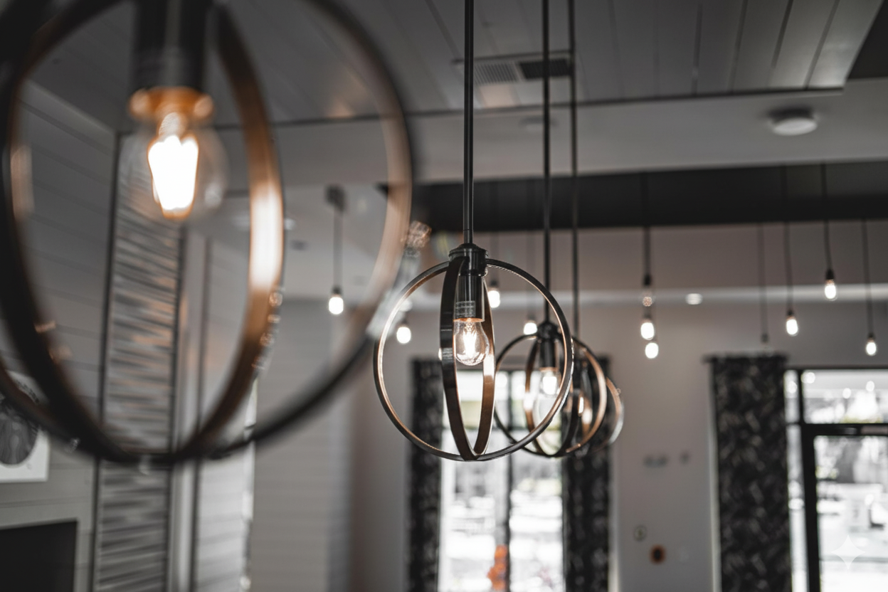Modern pendant lights illuminate a room, with a dark ceiling and patterned curtains visible.
