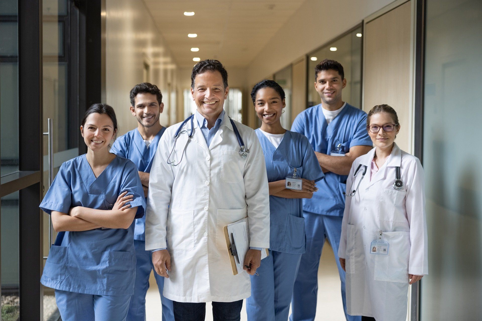 Medical Professionals - San Diego, CA - Andy Van Lee & Associates, PC Medical professionals standing in a hallway, smiling. Some in scrubs, others in white coats.