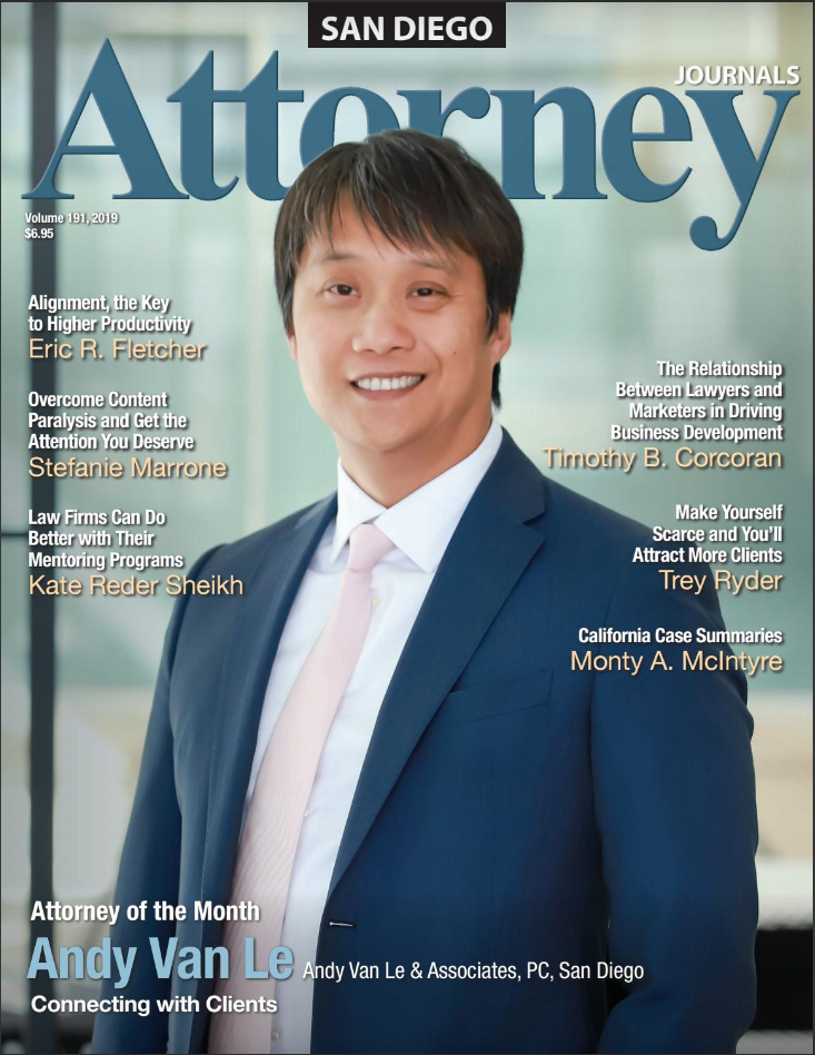 Attorney Van - San Diego, CA - Andy Van Lee & Associates, PC Magazine cover with Andy Van Le, an attorney, smiling, wearing a suit and tie. The cover reads