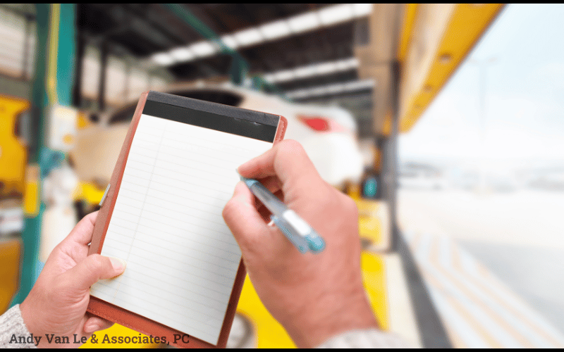 man checking a clipboard for a truck maintenance record