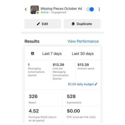 A facebook page showing the results of missing pieces october ad