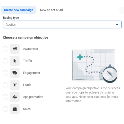 A screenshot of a facebook page where you can choose a campaign objective