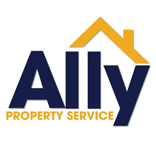 Ally Property Service logo with navy text and gold roof graphic on a white background