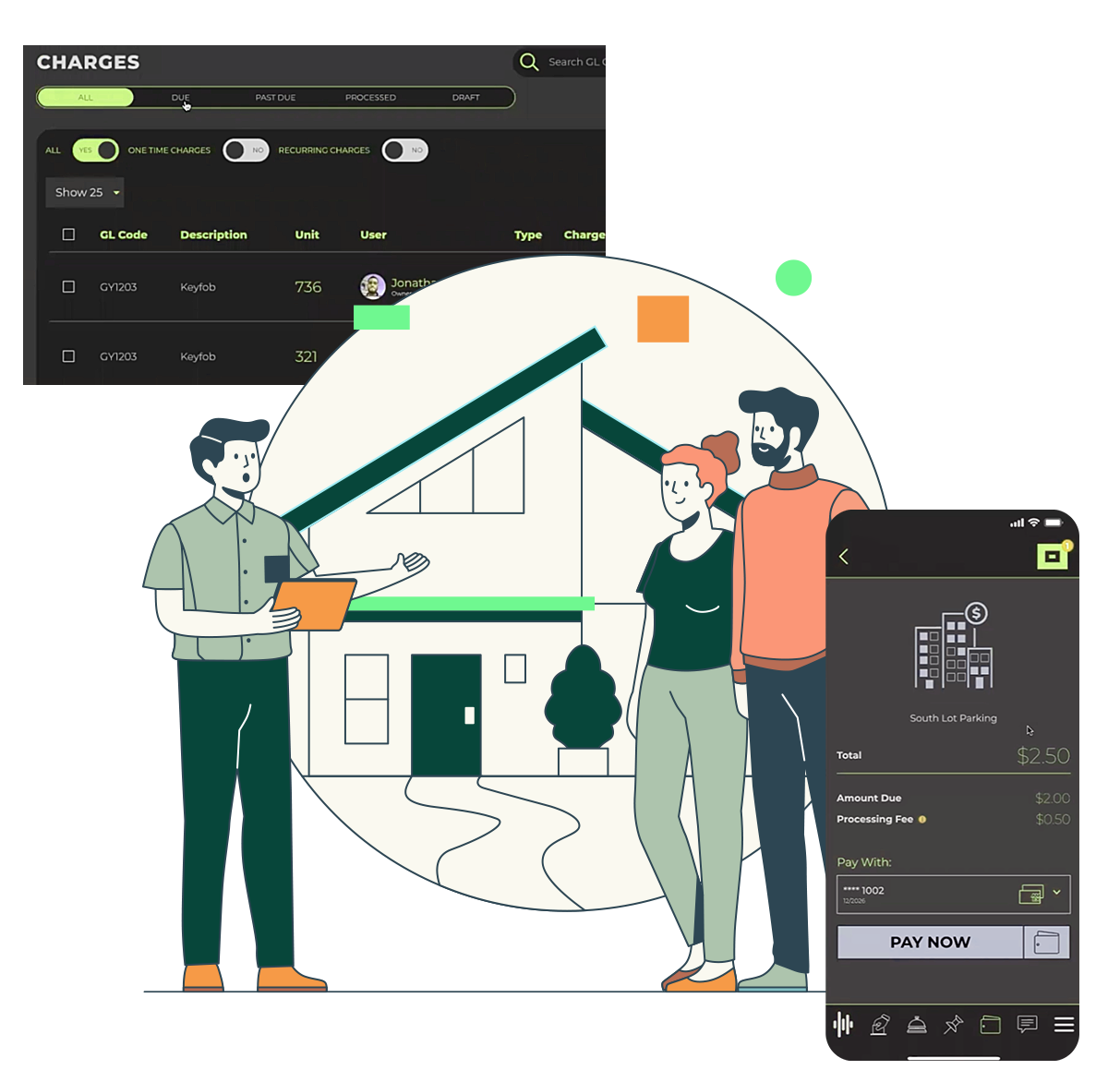 Home energy dashboard with people, solar panels, and a smartphone app showing usage stats
