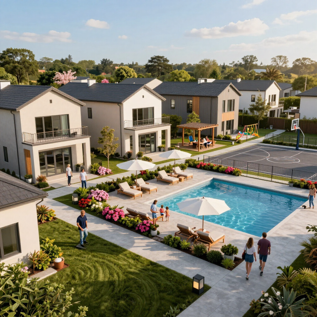 Modern apartment courtyard with swimming pool, lounge chairs, flower beds, and people walking along paths