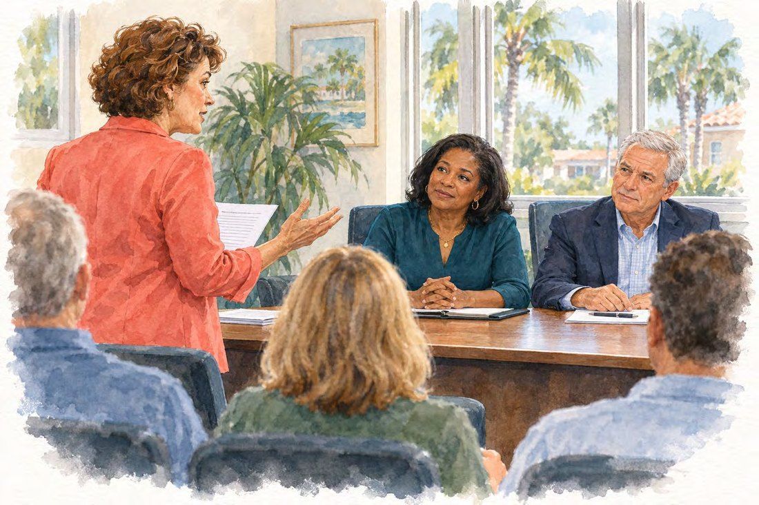 Illustration of a board chair standing and speaking to directors and owners at an association meeting