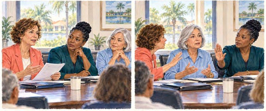 Two-panel illustration of a board chair at a meeting, first while an owner has the floor and then responding to an interruption