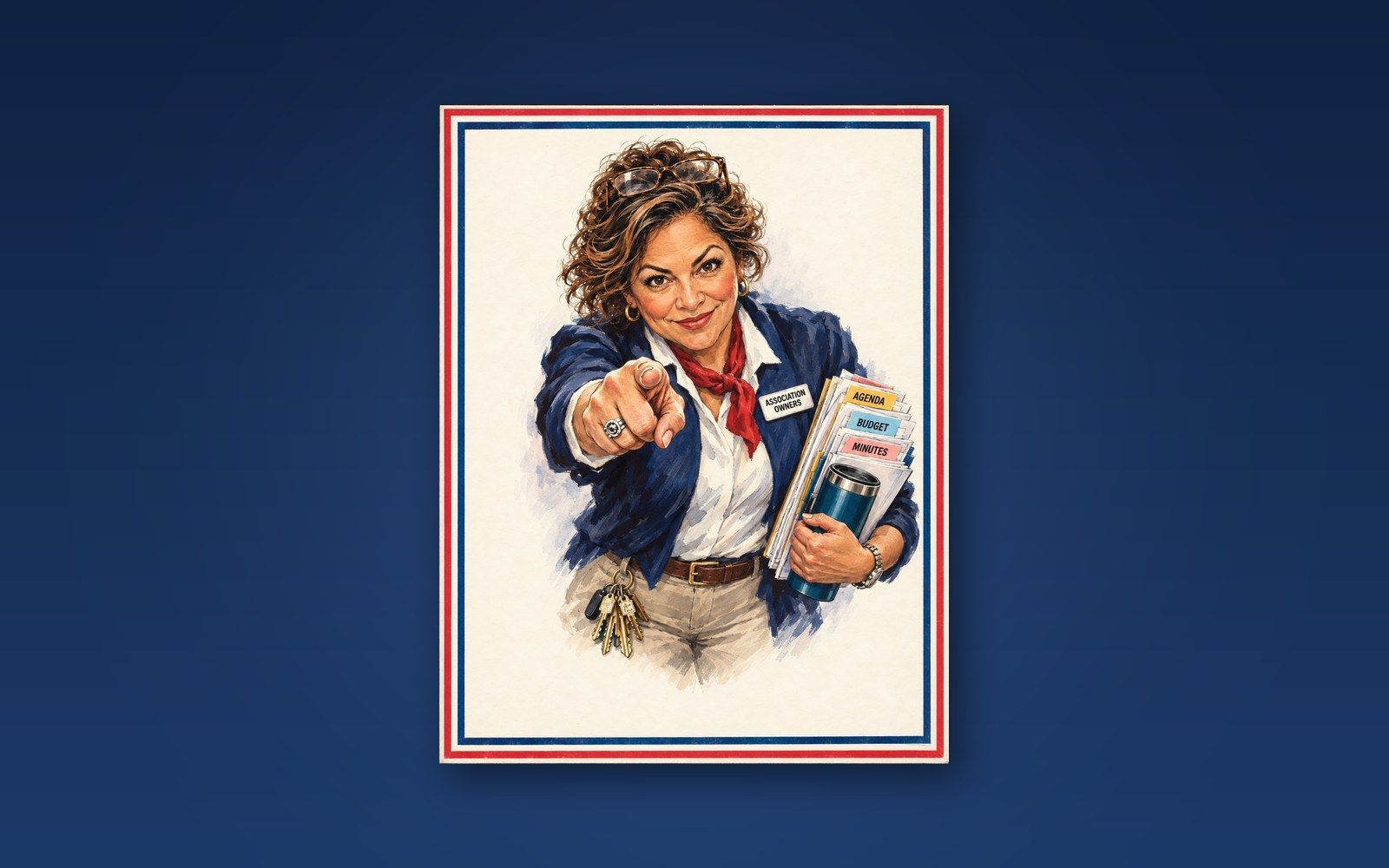 October 2026 Board Governance Review cover: a poster-style owner pointing out while holding agenda,