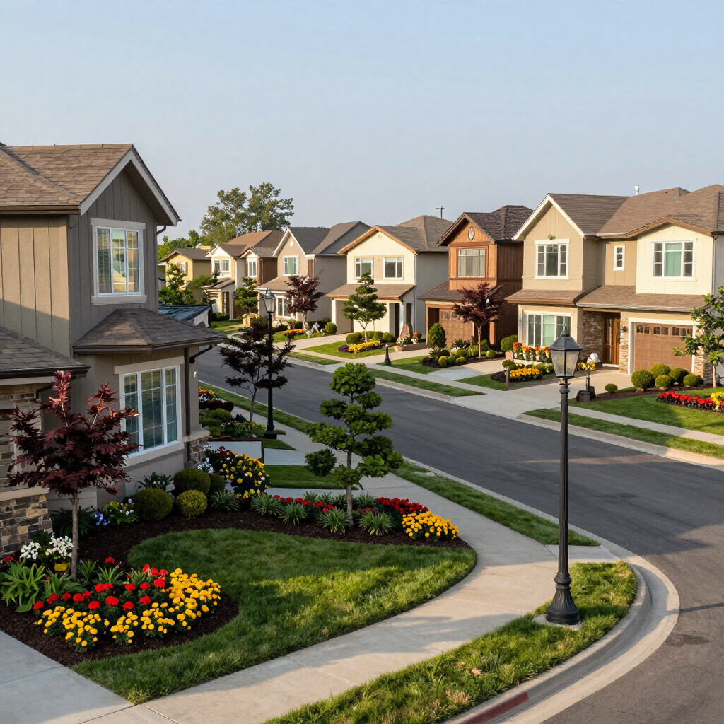 Suburban neighborhood street with modern houses, landscaped lawns, flowers, and a curved sidewalk under clear skies