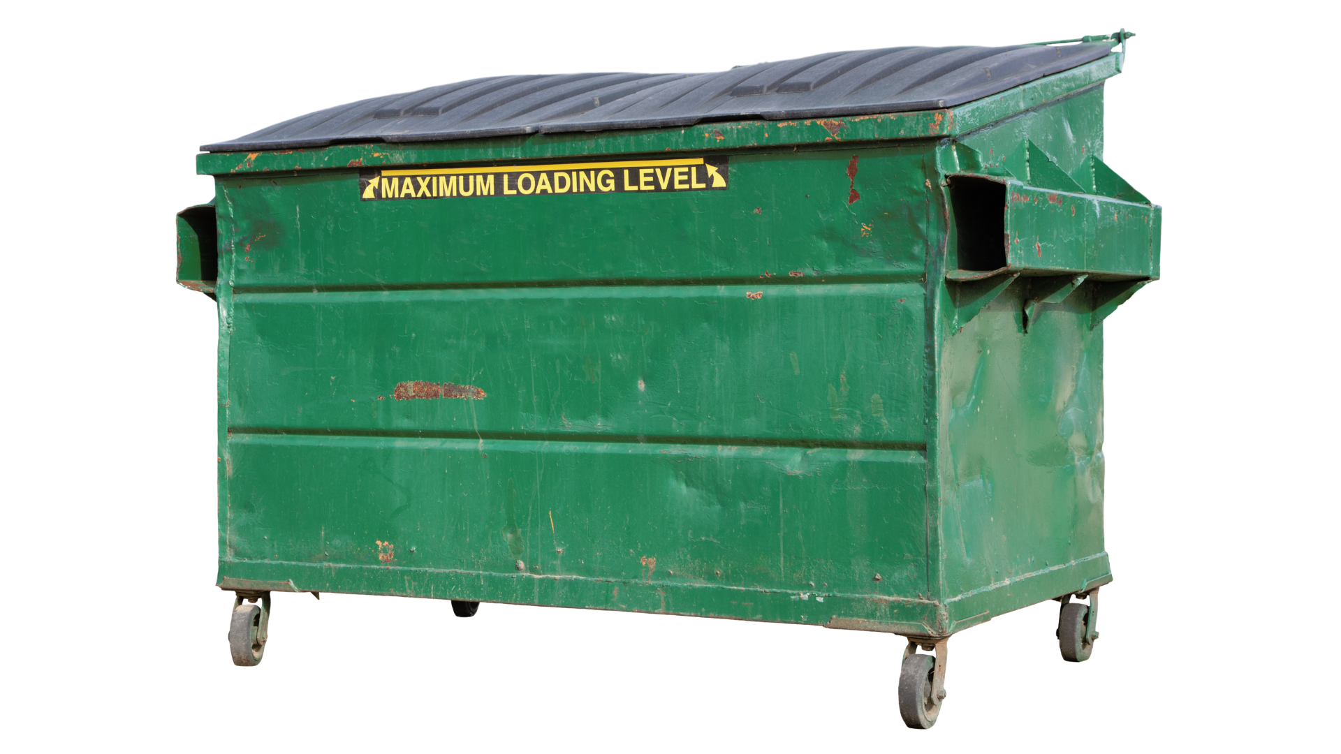 Green metal dumpster with a black lid on wheels