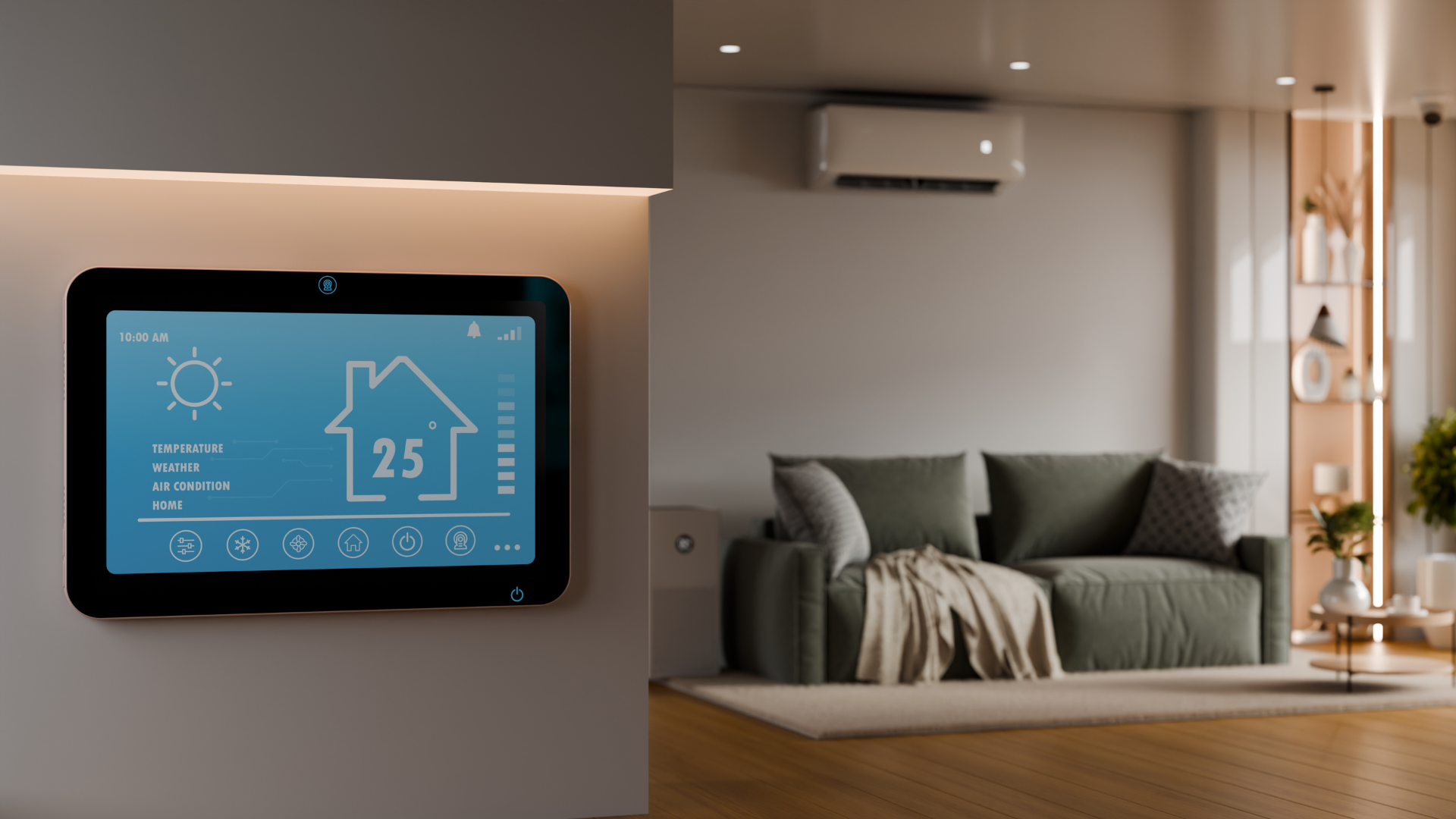 Wall-mounted smart thermostat display beside a cozy living room with sofa and warm lighting