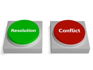 Two buttons labeled “Resolution” in green and “Conflict” in red side by side