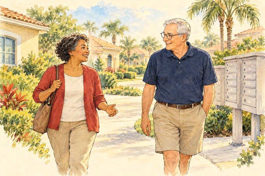 Illustration of two neighbors walking and talking past the community mailboxes