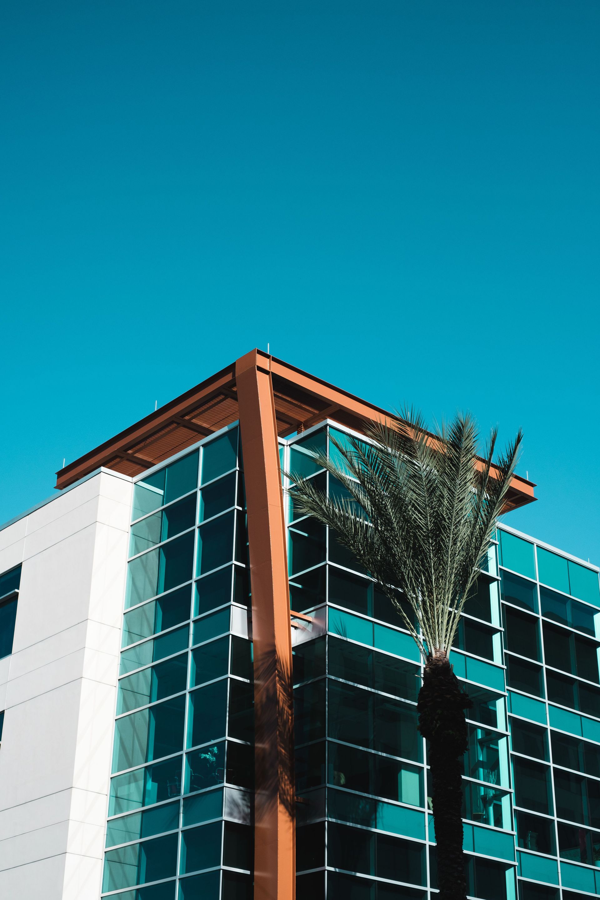 Modern glass office building with white and wood accents against a clear blue sky