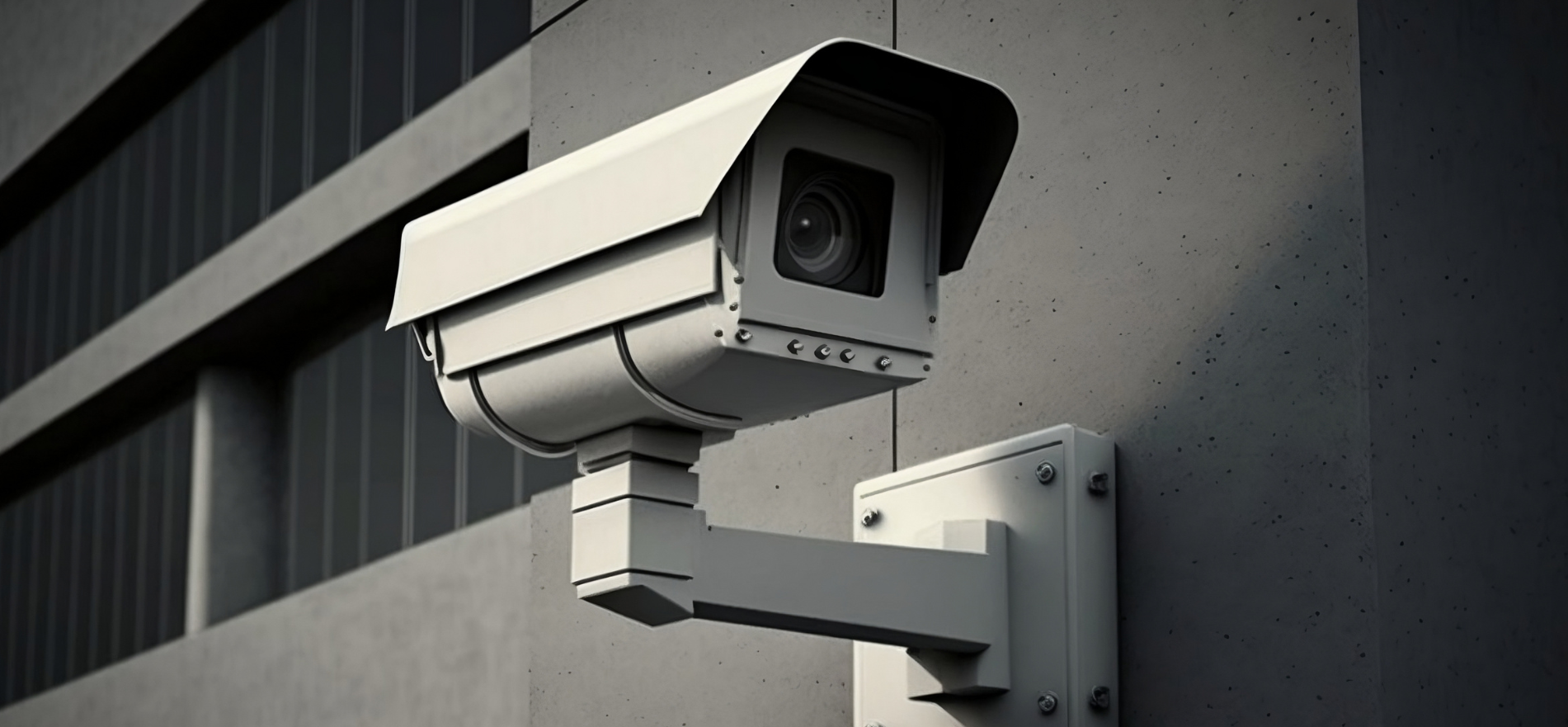 Wall-mounted security camera on a gray building exterior, angled outward.