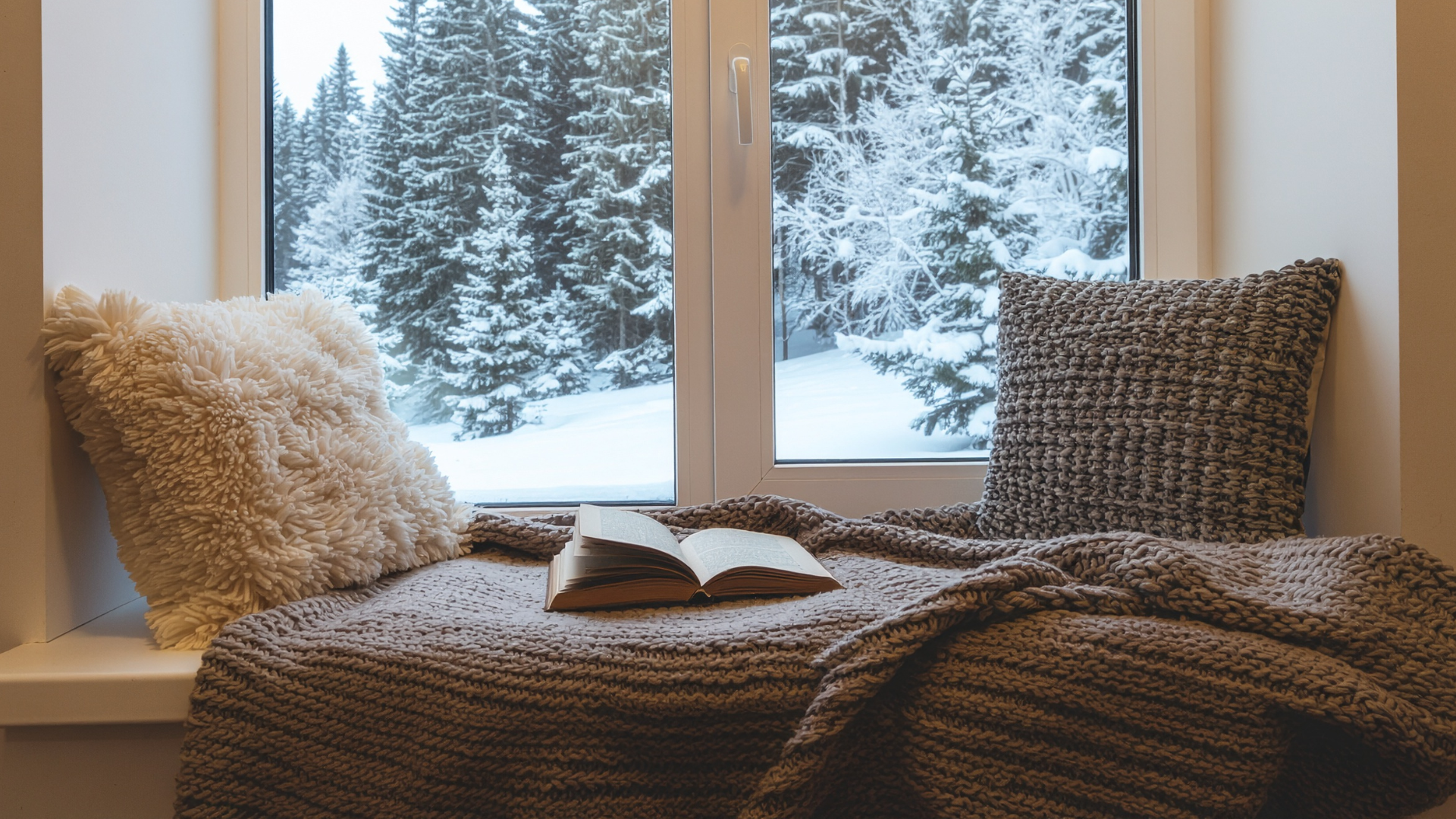 Cozy window seat with pillows and an open book, overlooking a snowy forest outside.