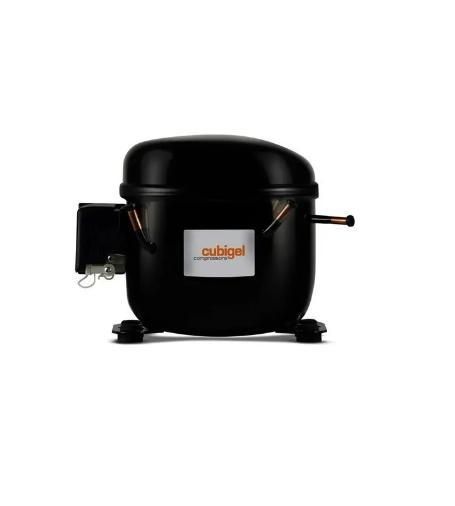 Compresor de refrigerador cubigel negro con tubería de cobre.