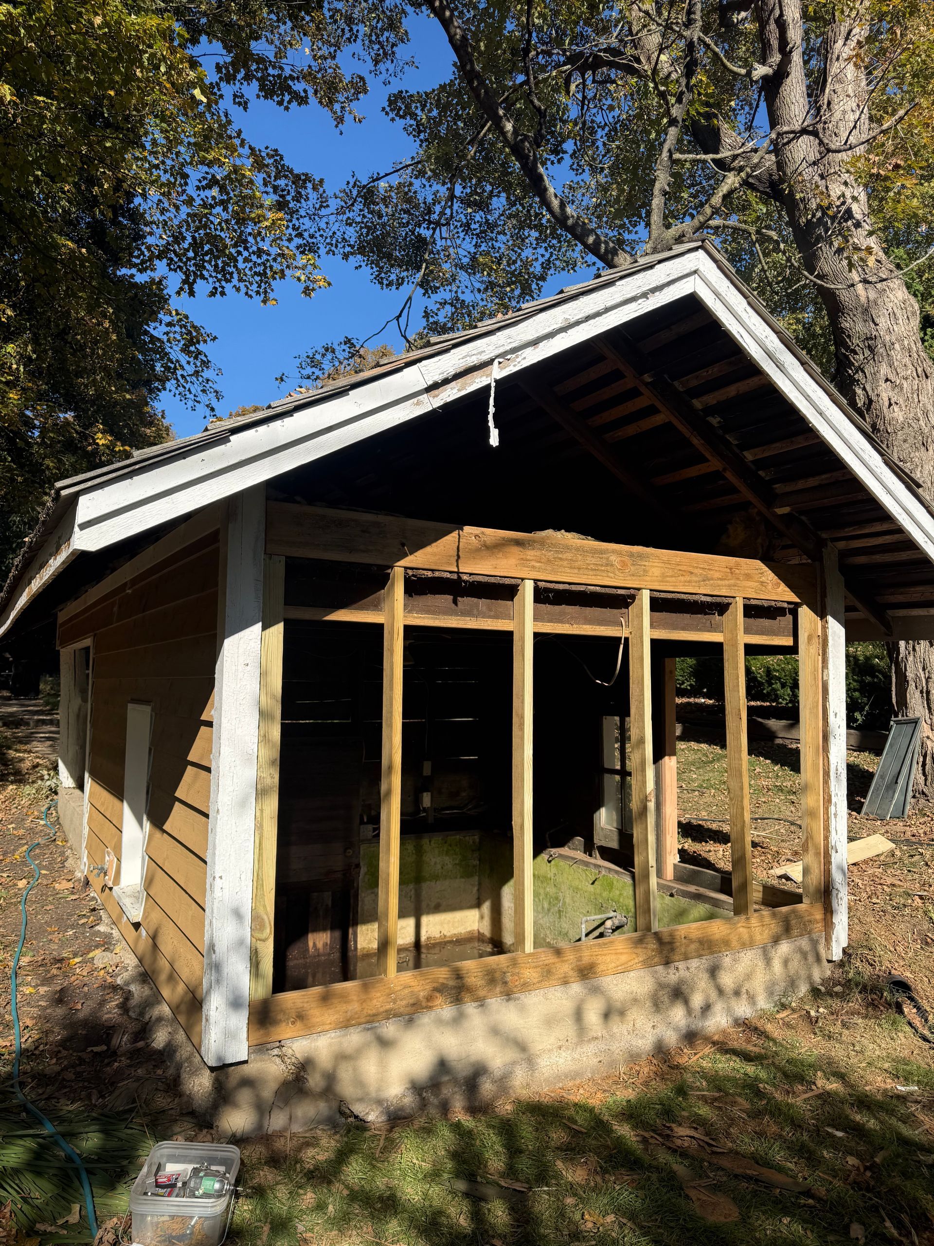 Small unfinished wooden shed with open front and support posts under trees in daylight