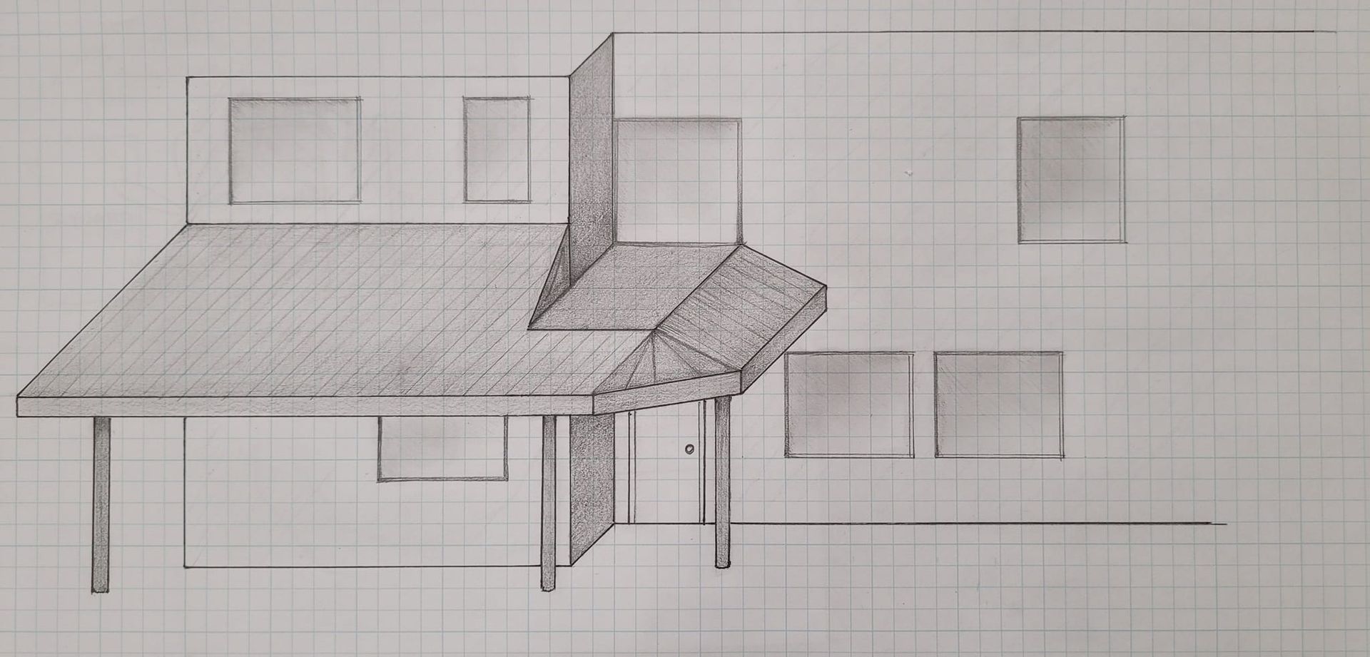 Architectural sketch of a building with a canopy over the door, drawn on graph paper.