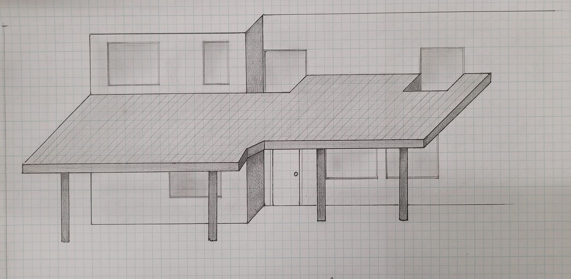Pencil sketch of a modern house, showing architectural details on graph paper.