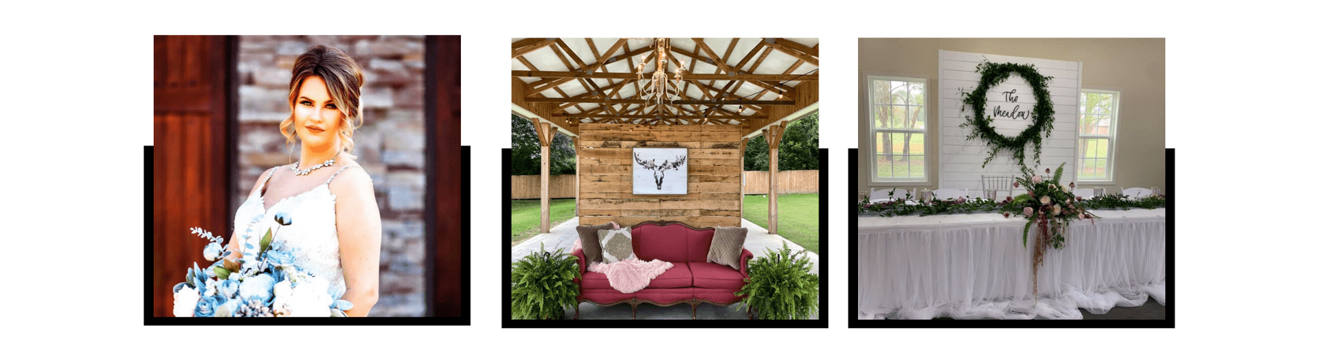 Collage of a bride in a white dress, a floral wedding gazebo, and a reception table with a clock centerpiece
