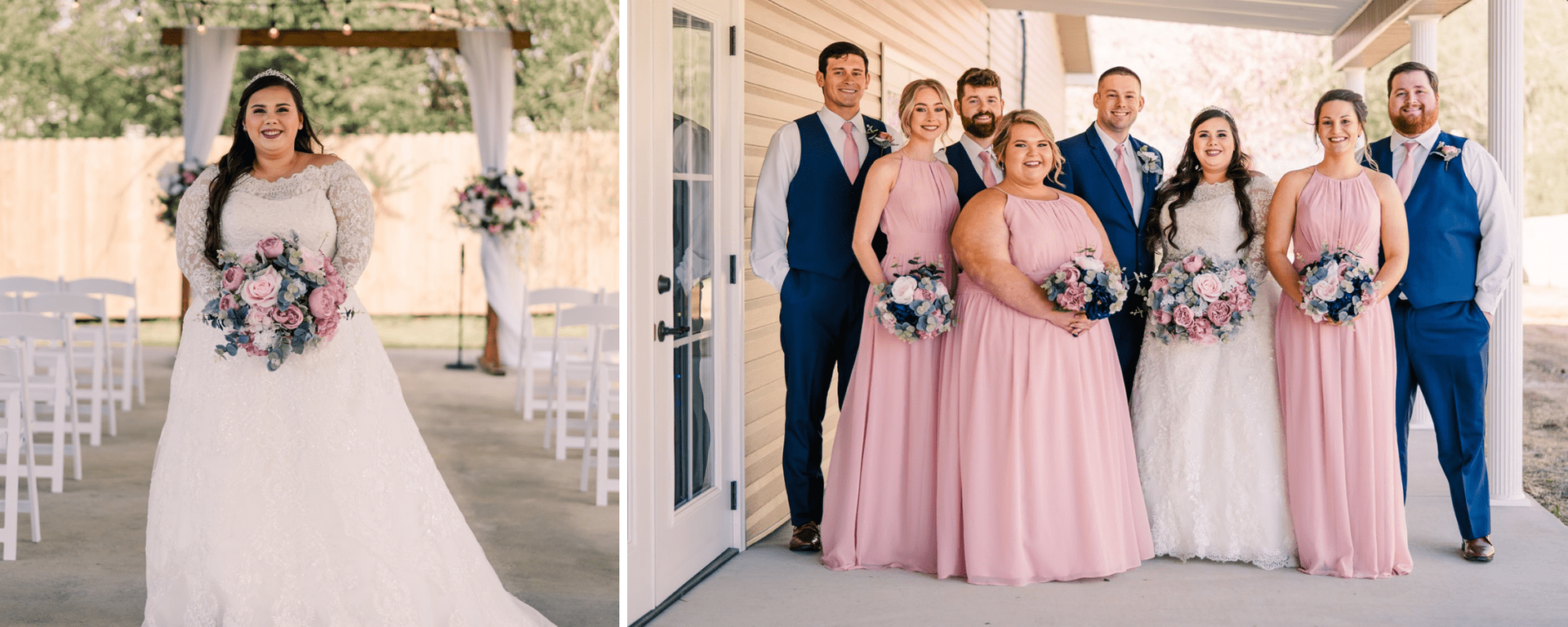 Wedding party portrait with bride in white gown and bridesmaids in pink and blue dresses outdoors