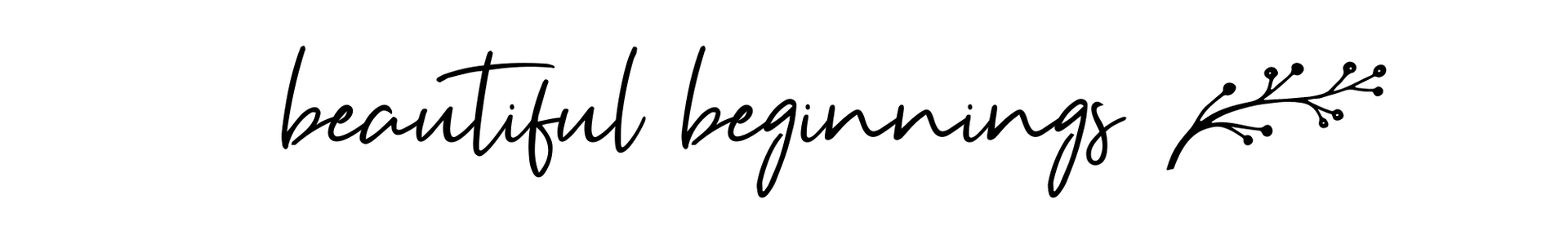 Handwritten phrase “beautiful beginning” with small leafy branch decoration on white background