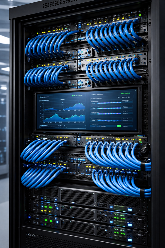 A server rack filled with networking equipment, connected by bundles of blue Ethernet cables and a central data monitor.