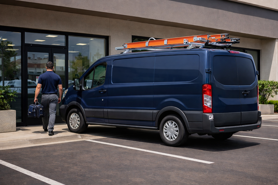 A dark blue work van with a roof ladder rack parked in front of a commercial building as a technician enters the door.