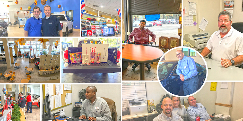 Stokes employees at the dealership - at their desks and on the sales floor.
