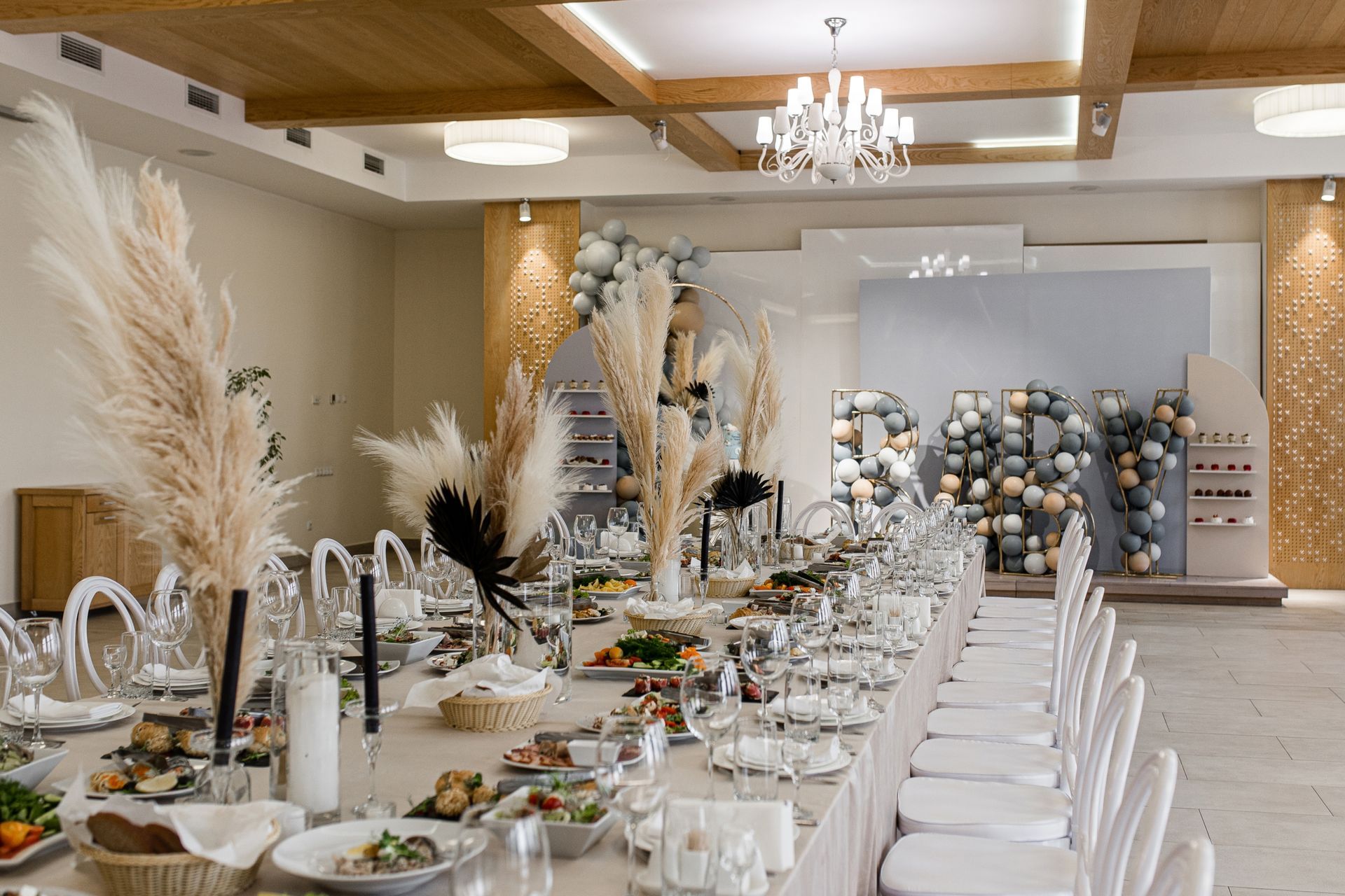 Long table set for a catered event