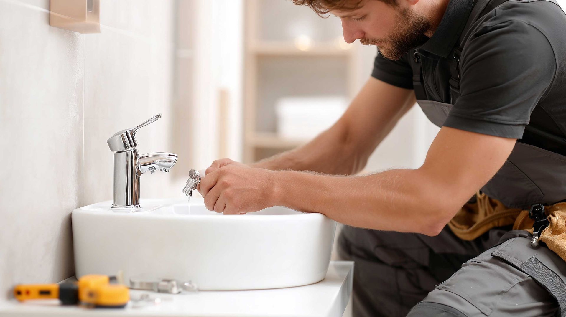 Local home inspector checking bathroom sink water flow during residential property inspection.