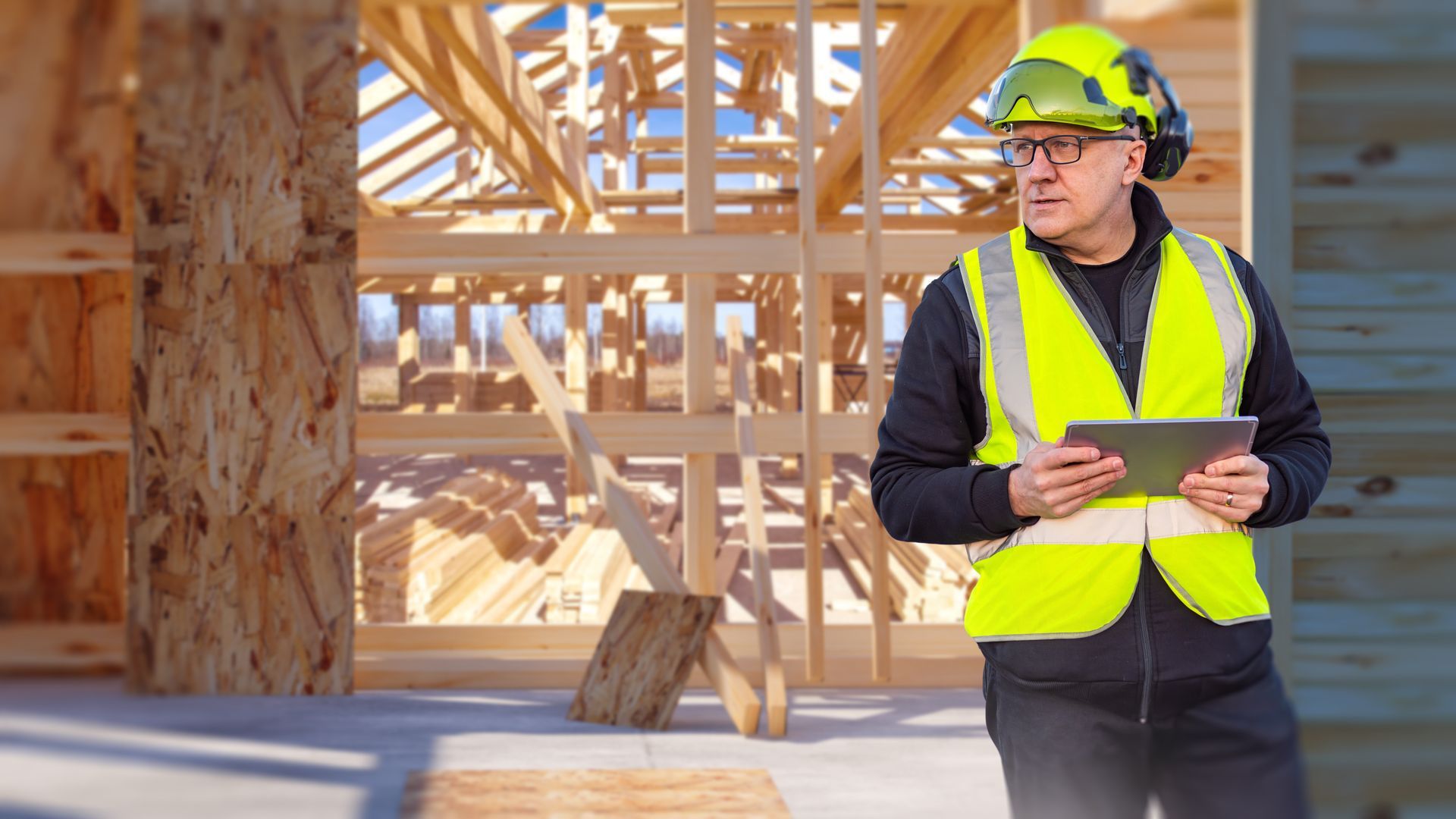 House inspector reviewing tablet during inspection of a wood-framed home under construction House inspector reviewing tablet during inspection of a wood-framed home under construction