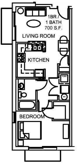 One-bedroom apartment floor plan with living room, kitchen, bath, and bedroom labeled.